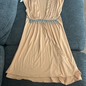 Elegant Tan Dress with Blue Accents